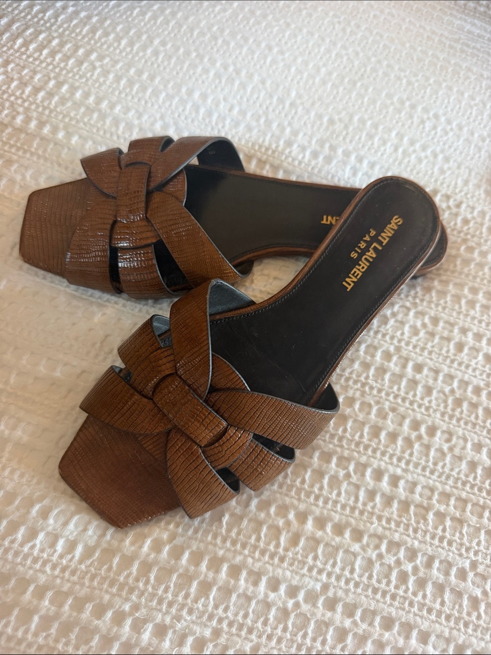 Yves Saint Laurent Brown Leather Knot Slide Mules
